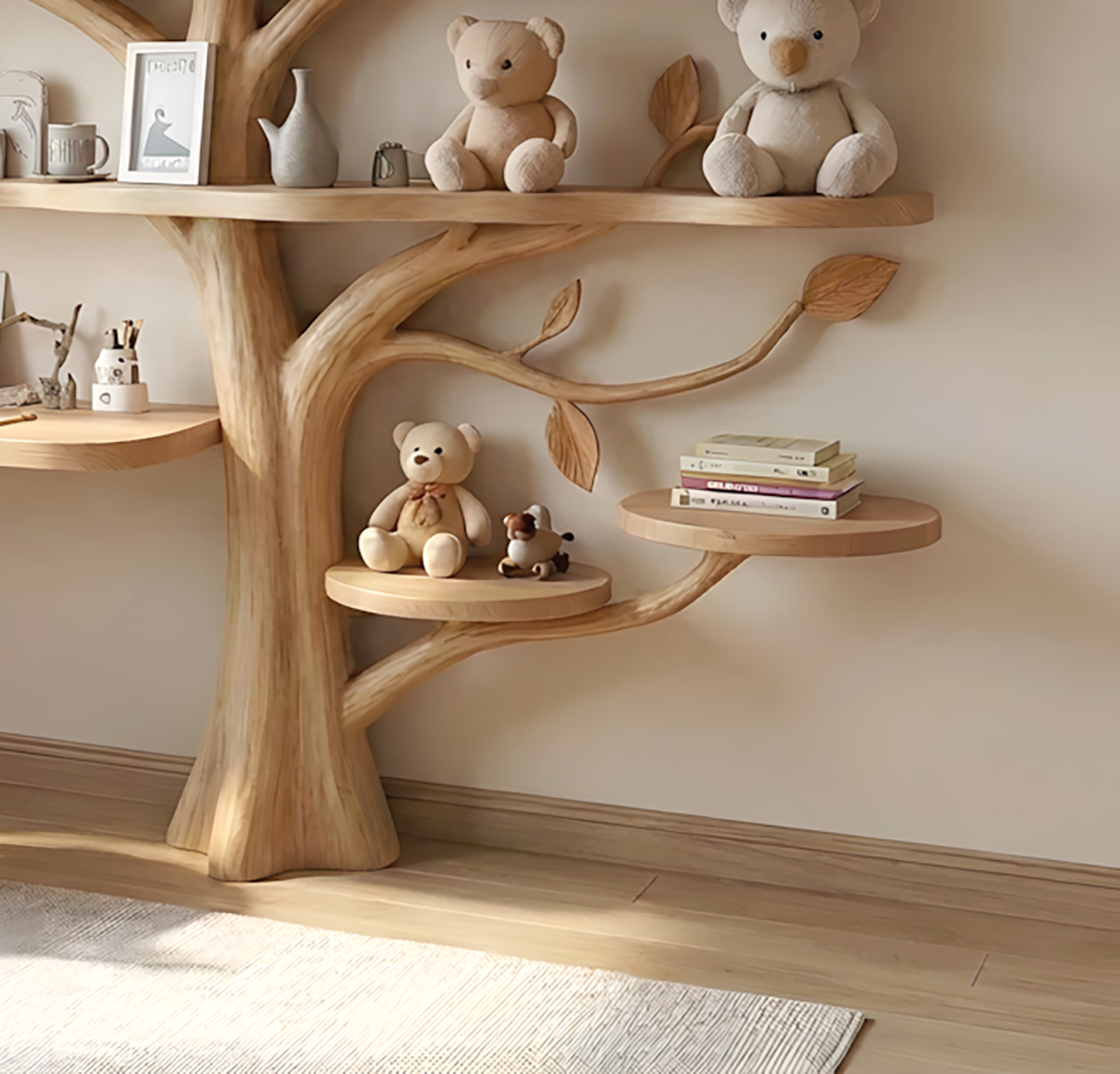 Wooden tree wall shelf for baby room books and toys