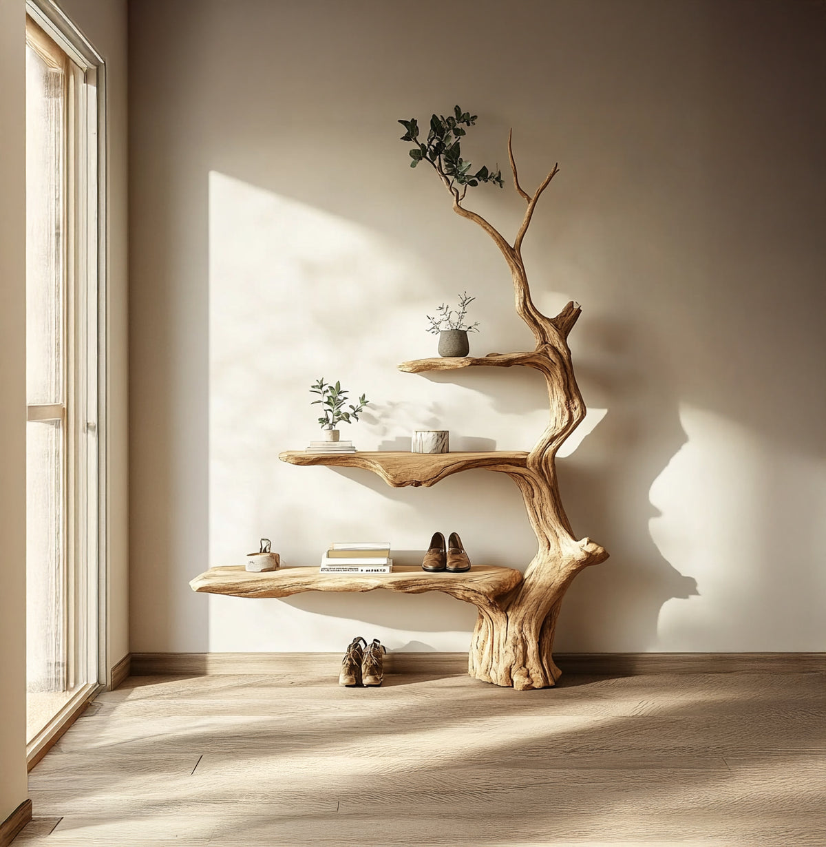 Organic Tree Branch Bookshelf Wall Mounted Natural Wood Shelf