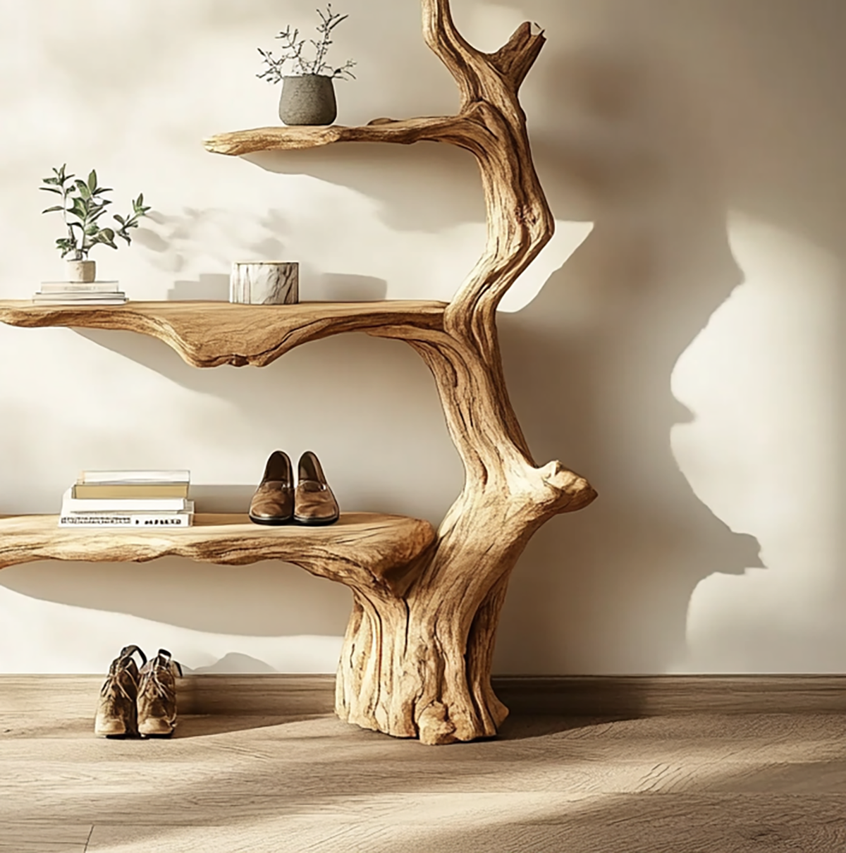 Organic Tree Branch Bookshelf Wall Mounted Natural Wood Shelf