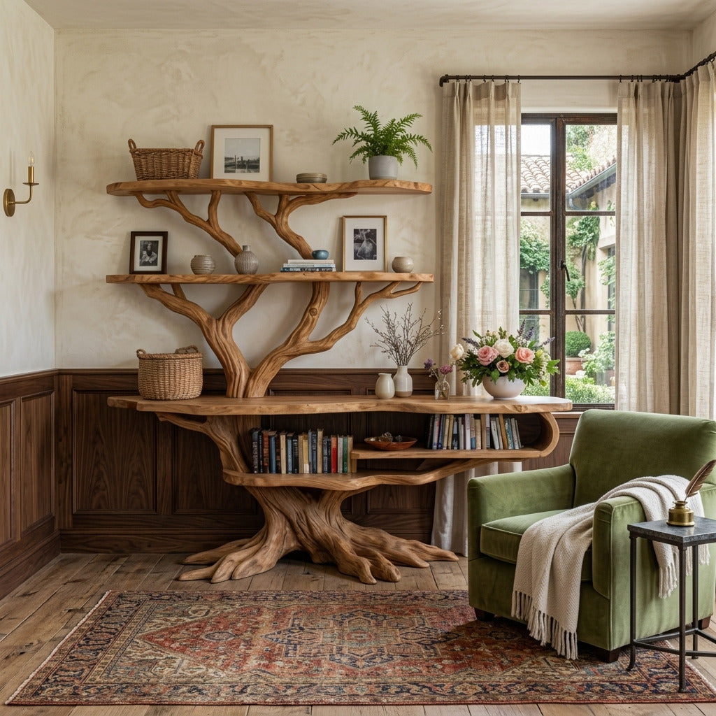 Organic tree root solid wood bookcase in a modern living room