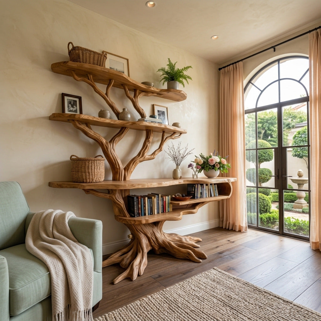 Sculptural wooden bookshelf creating a stylish reading corner
