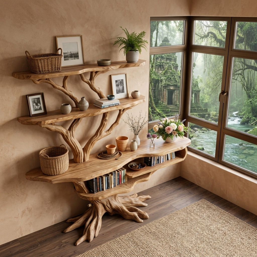 Artistic tree root bookshelf displayed in a Scandinavian interior