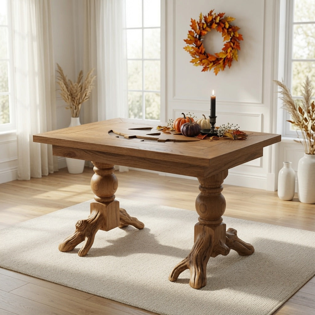 Handcrafted wooden coffee table with sculptural root base in a rustic interior