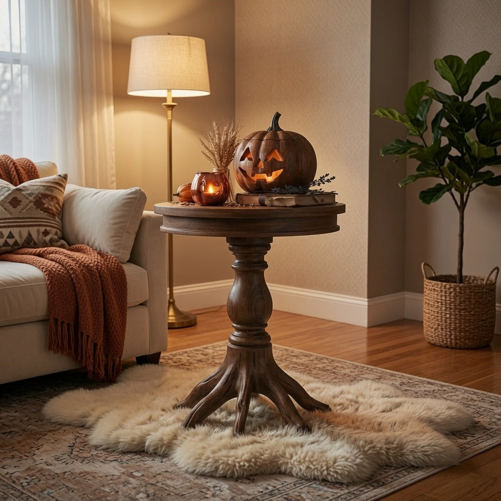 Organic tree root solid wood round end table in a cozy living room
