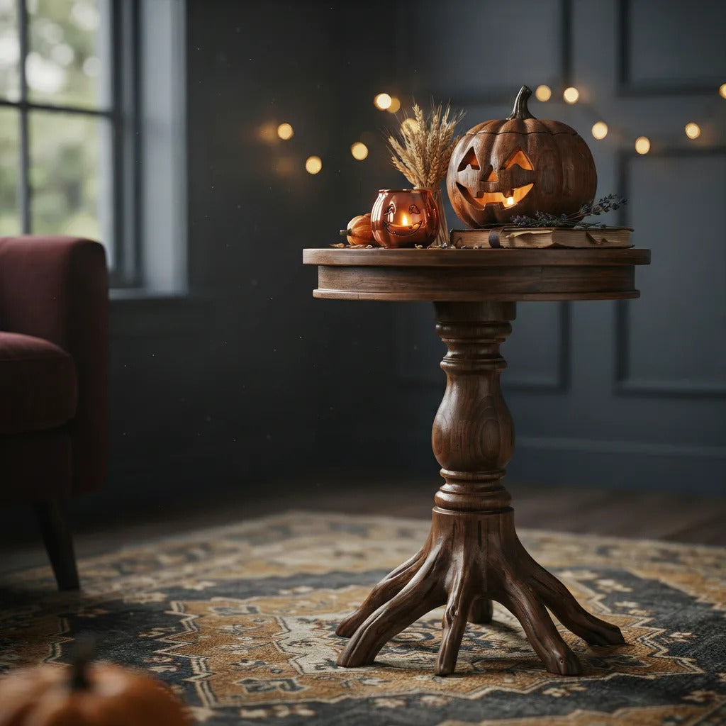 Sculptural tree root side table crafted from natural hardwood
