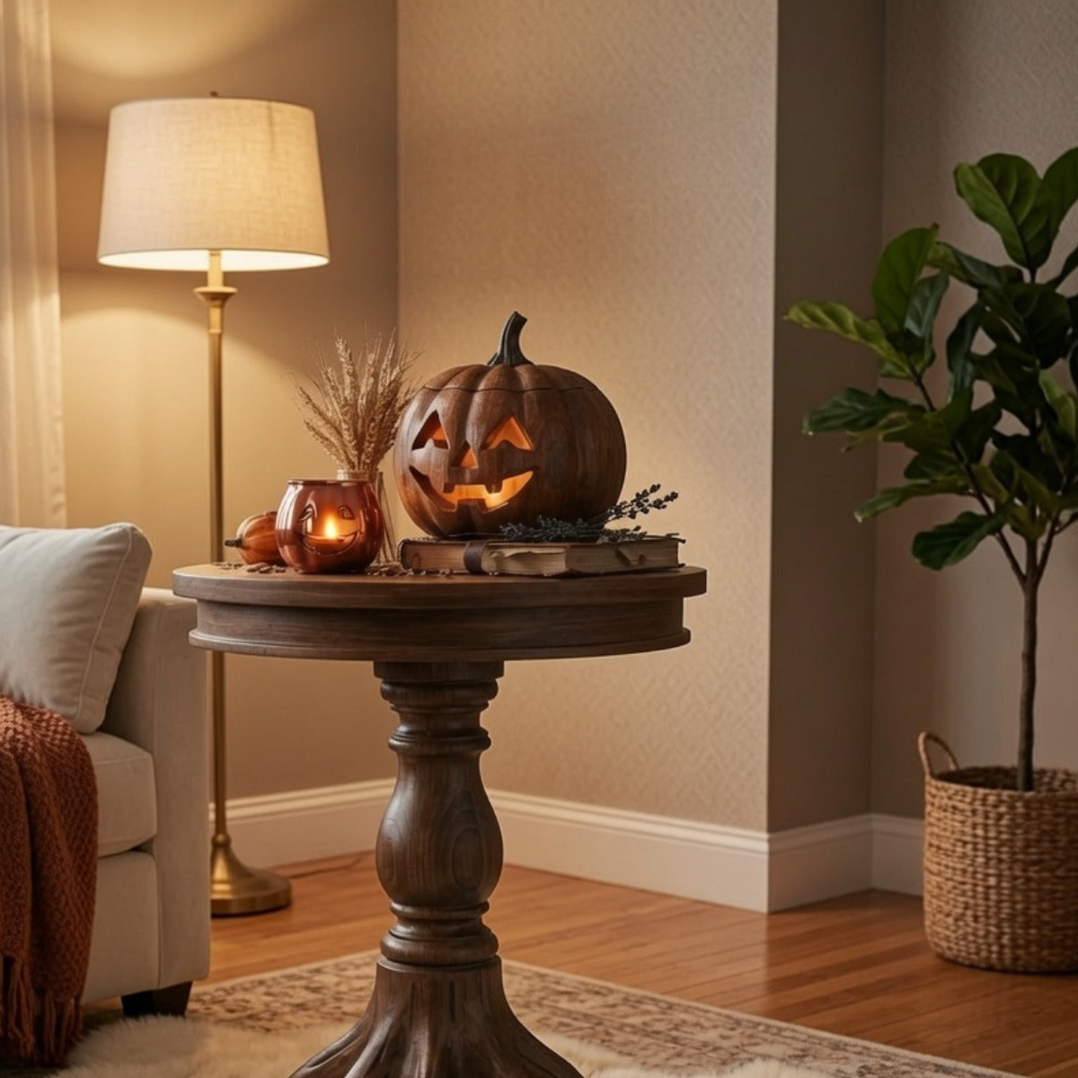 Artisan organic wooden end table for Halloween décor