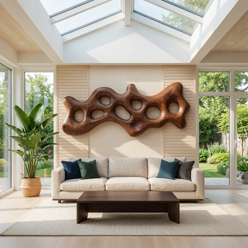 Organic carved solid wood wall art sculpture in a modern living room