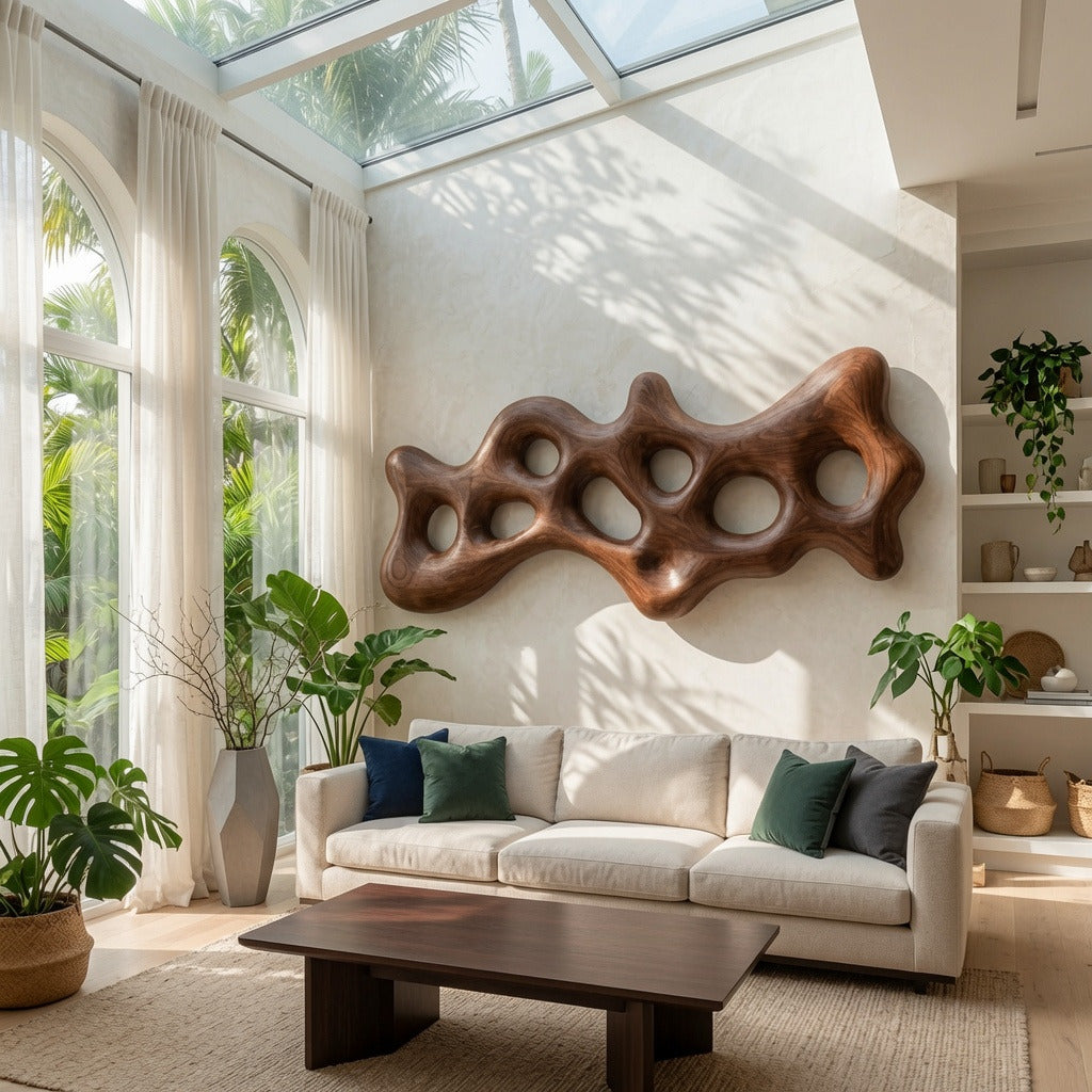 Organic carved wall art sculpture in solid wood