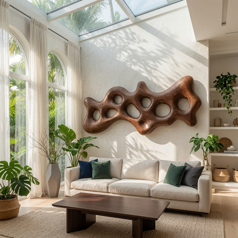 Organic carved wall art sculpture in solid wood