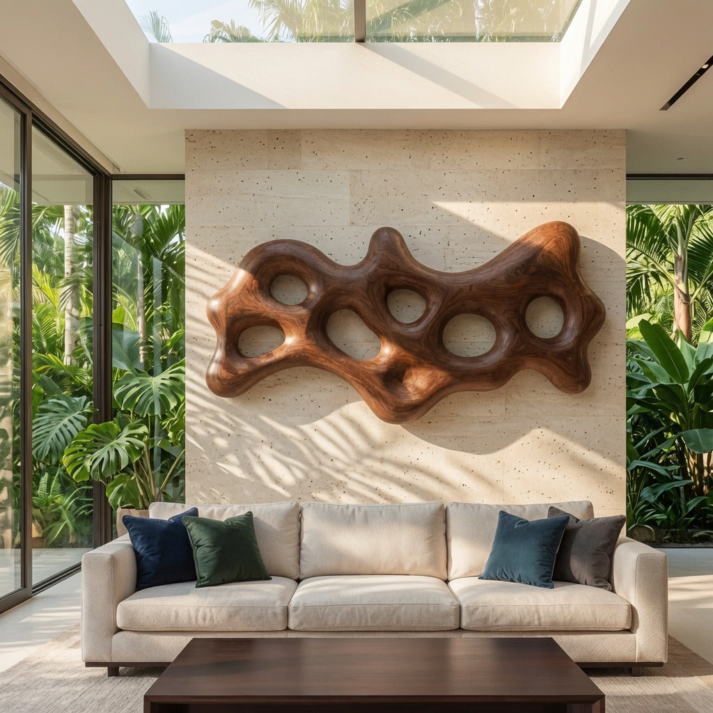 Handcrafted wooden wall sculpture displayed above a contemporary sofa