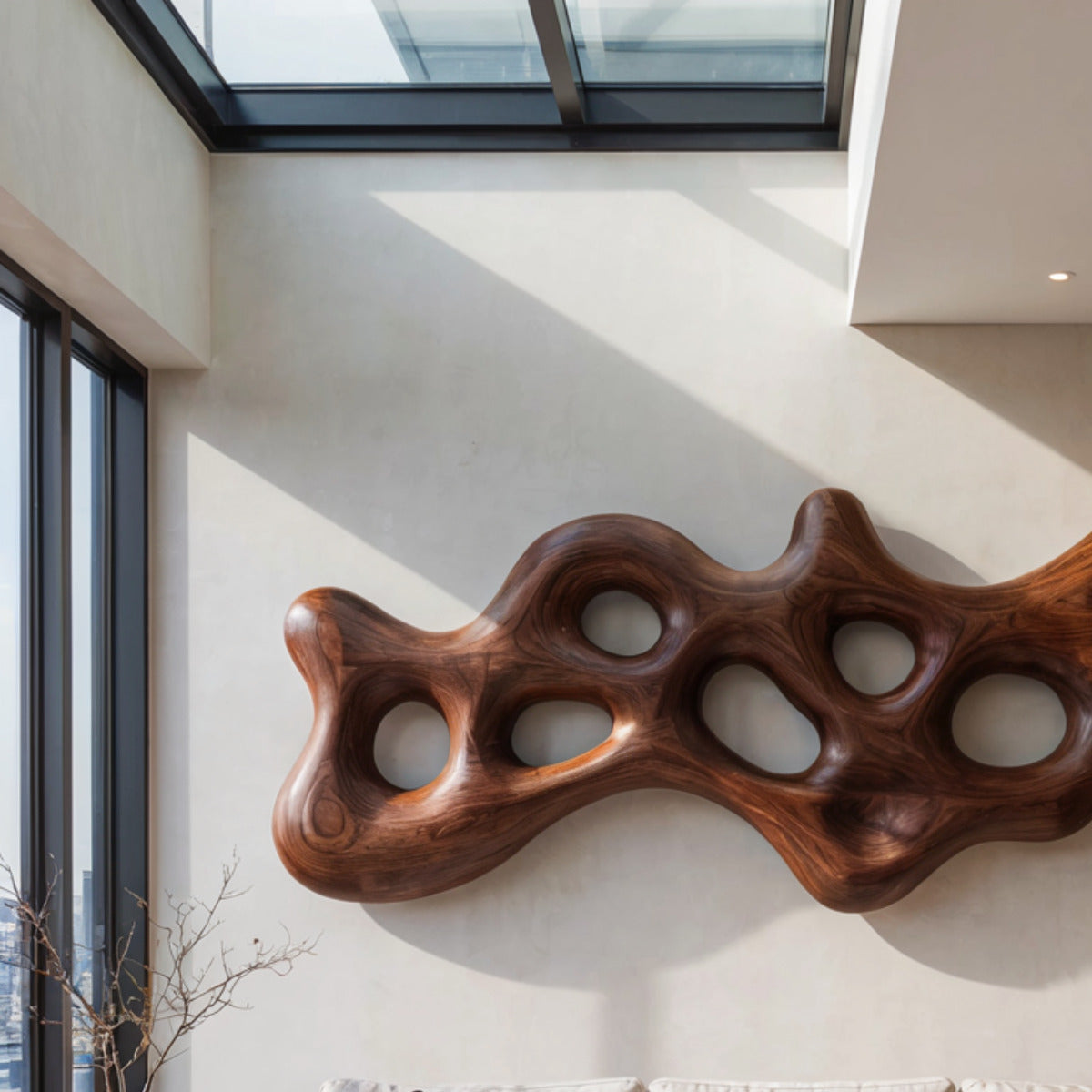 Handcrafted solid wood wall sculpture with carved design