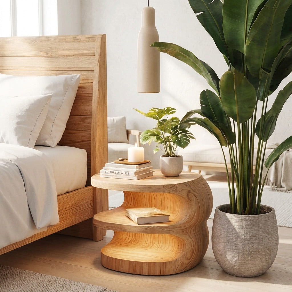 Organic wave solid wood nightstand in a modern bedroom