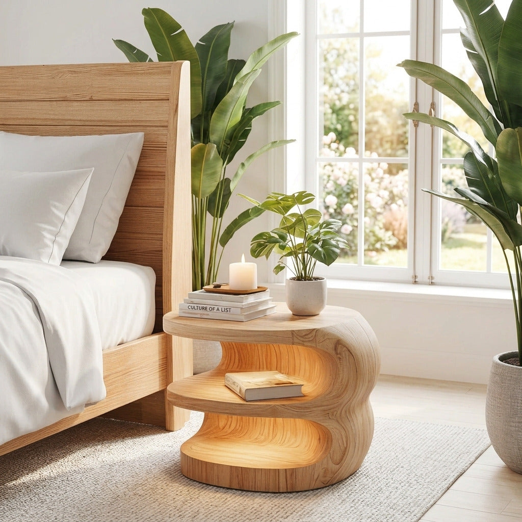 Modern solid wood nightstand in a minimalist bedroom