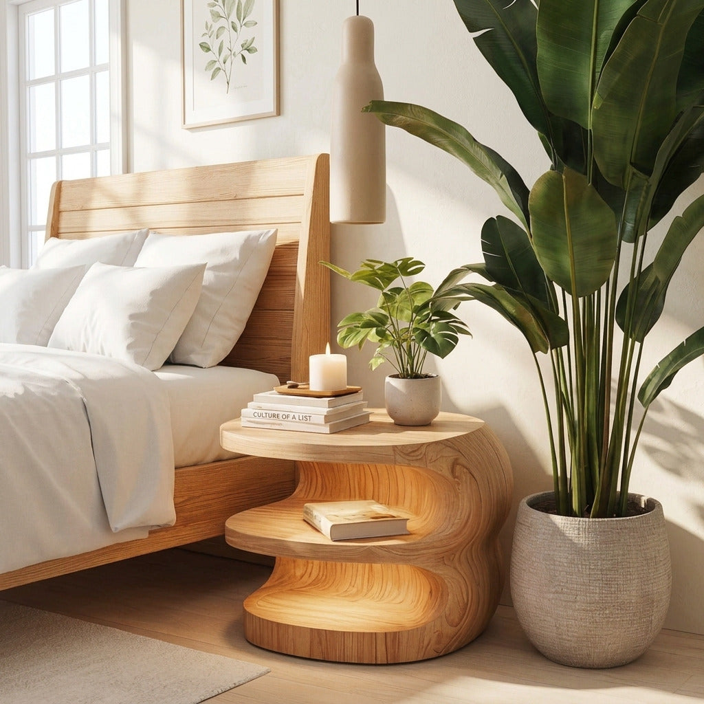 Artistic wave bedside table in a Scandinavian bedroom interior