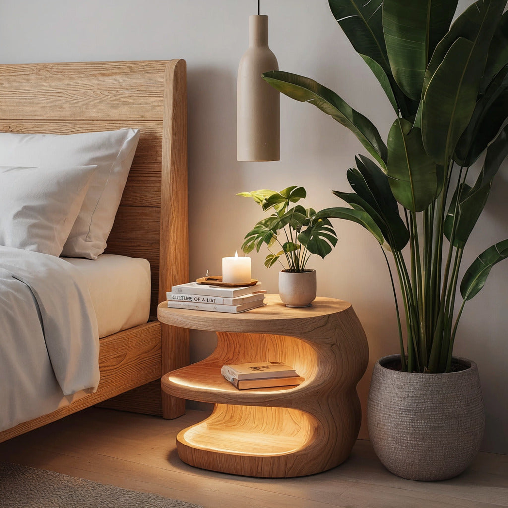 Modern organic bedside table crafted from solid wood