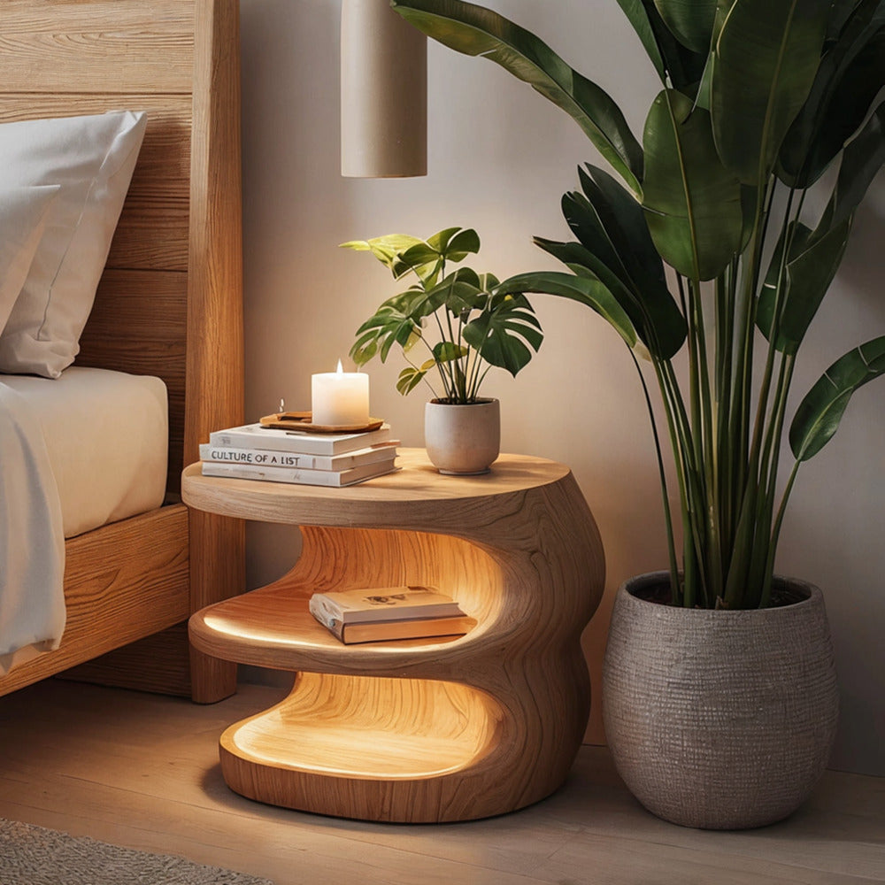 Sculptural solid wood nightstand in a Japandi bedroom