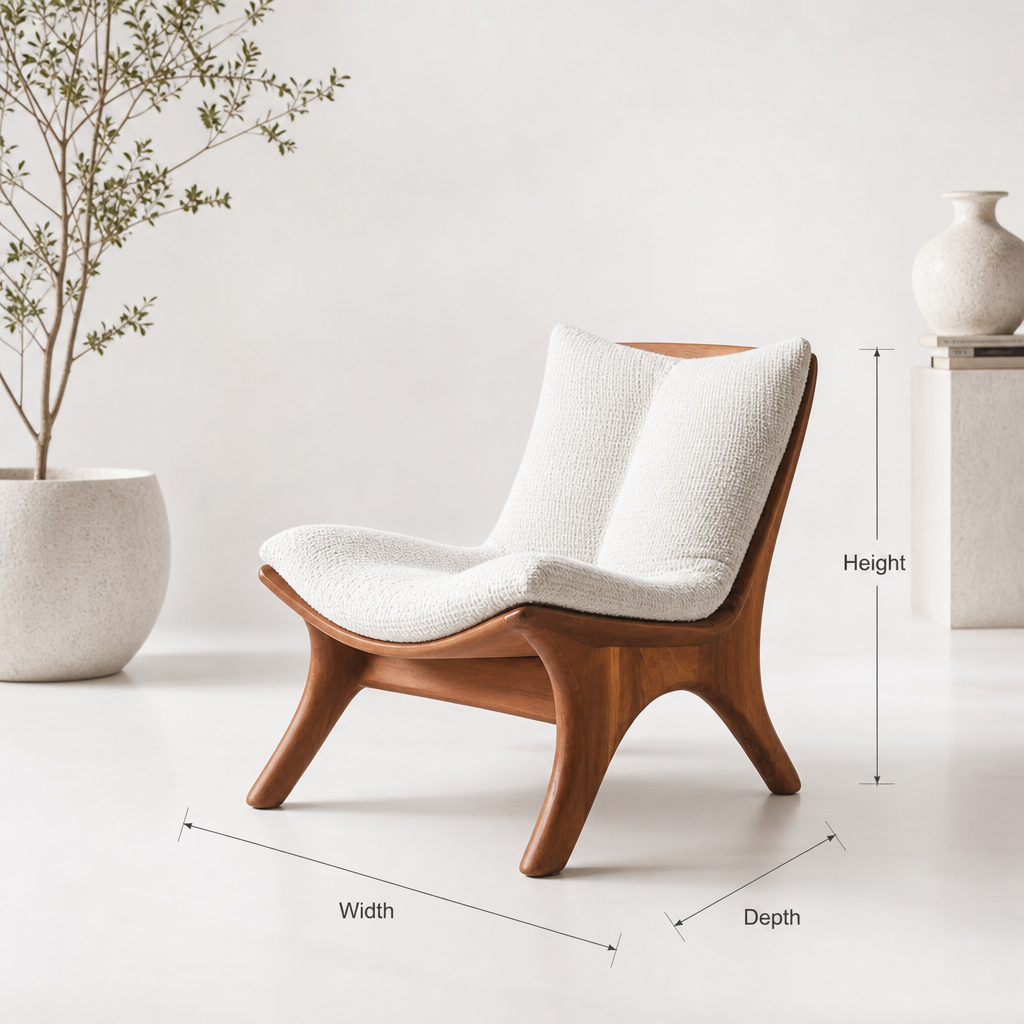 Organic wood accent chair with carved frame for living room seating