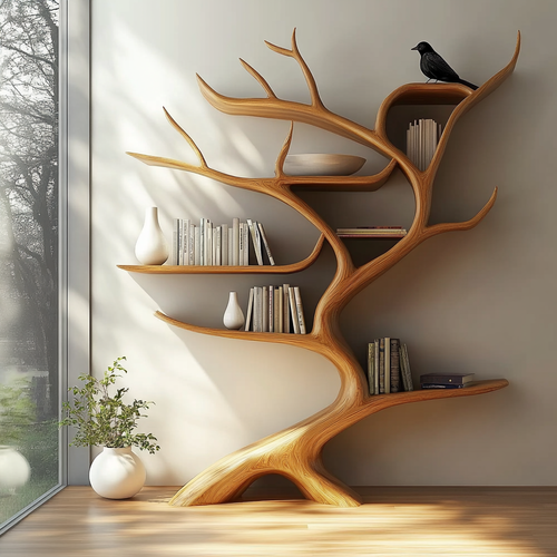 Organic Biophilic Design Tree Bookshelf – Handcrafted Live Edge Solid Wood Shelf