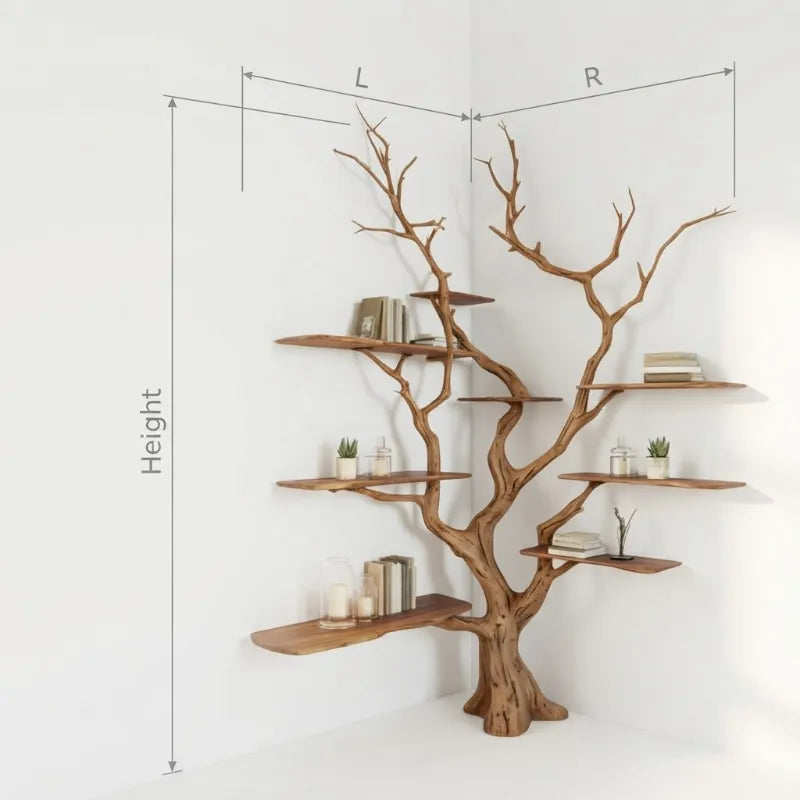 Organic Biophilic Design Tree Bookshelf – Handcrafted Live Edge Solid Wood Corner Shelf
