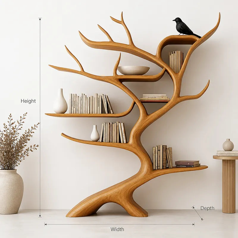 Organic Biophilic Design Tree Bookshelf – Handcrafted Live Edge Solid Wood Shelf