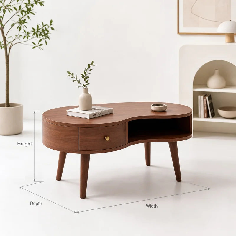 Organic Curved Solid Wood Coffee Table with Drawer