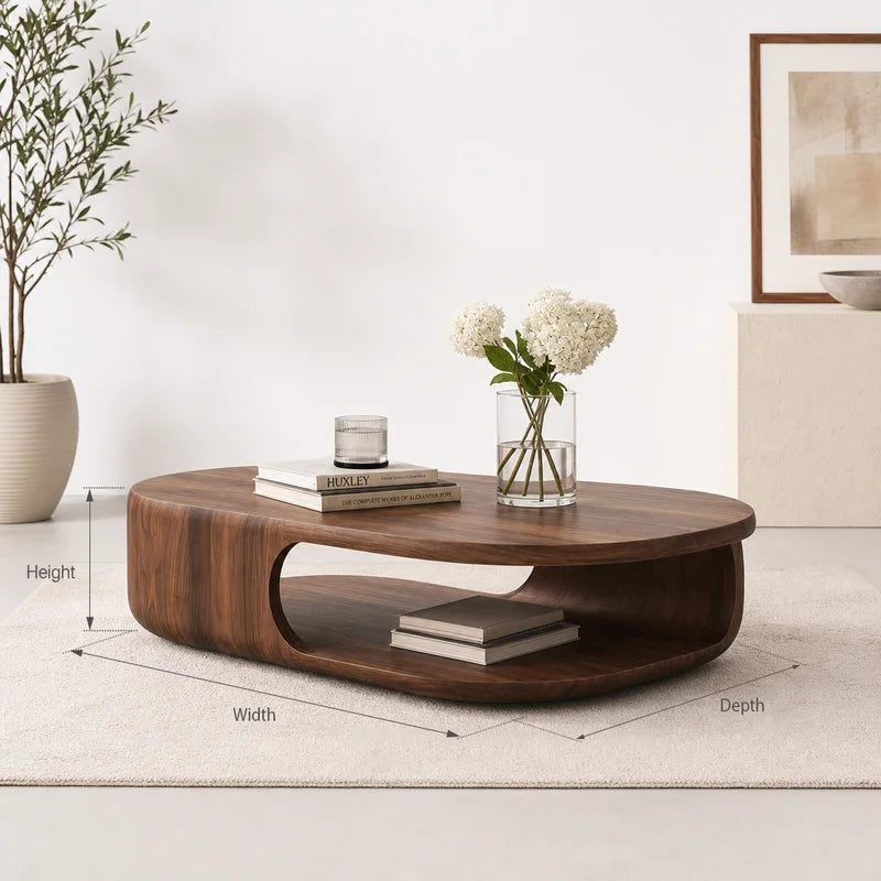Organic Curved Solid Wood Coffee Table with Lower Shelf