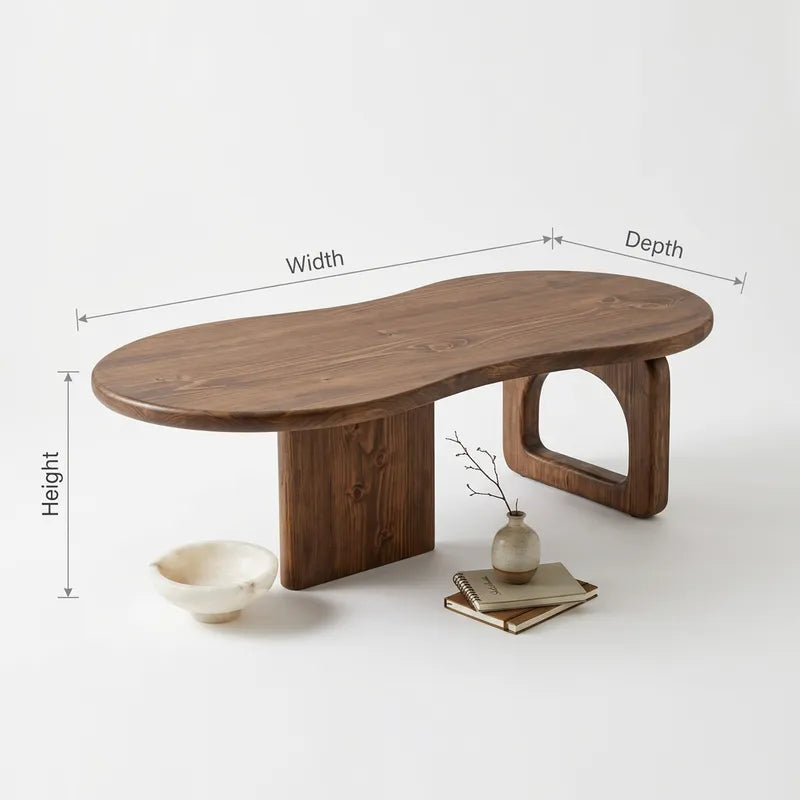 Organic Kidney-Shaped Solid Wood Coffee Table with Sculptural Asymmetrical Base