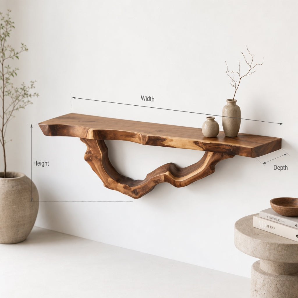 Organic Live Edge Floating Shelf - Handcrafted Solid Wood Wall Console