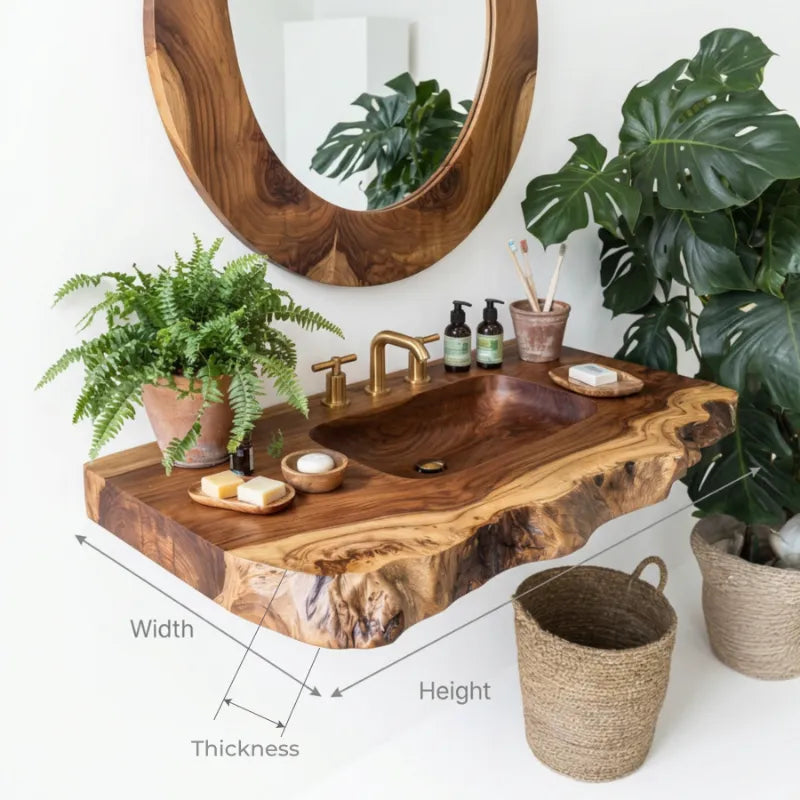 Organic Live Edge Solid Wood Bathroom Vanity Shelf with Integrated Sink
