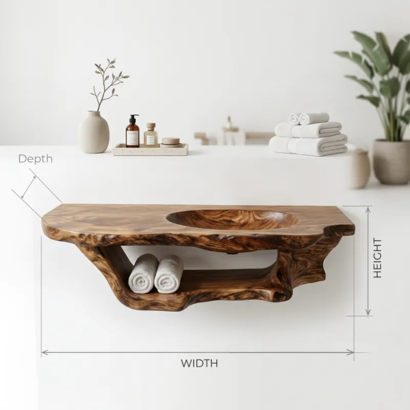 Organic Live Edge Solid Wood Bathroom Vanity with Sculptural Root Base