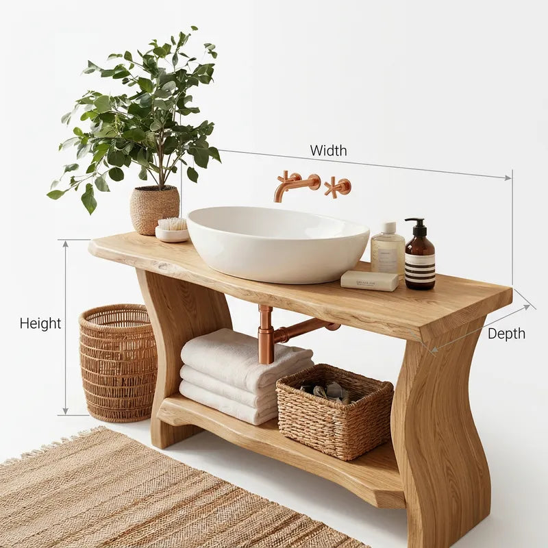 Organic Live Edge Solid Wood Bathroom Vanity with Sculptural Wave Base
