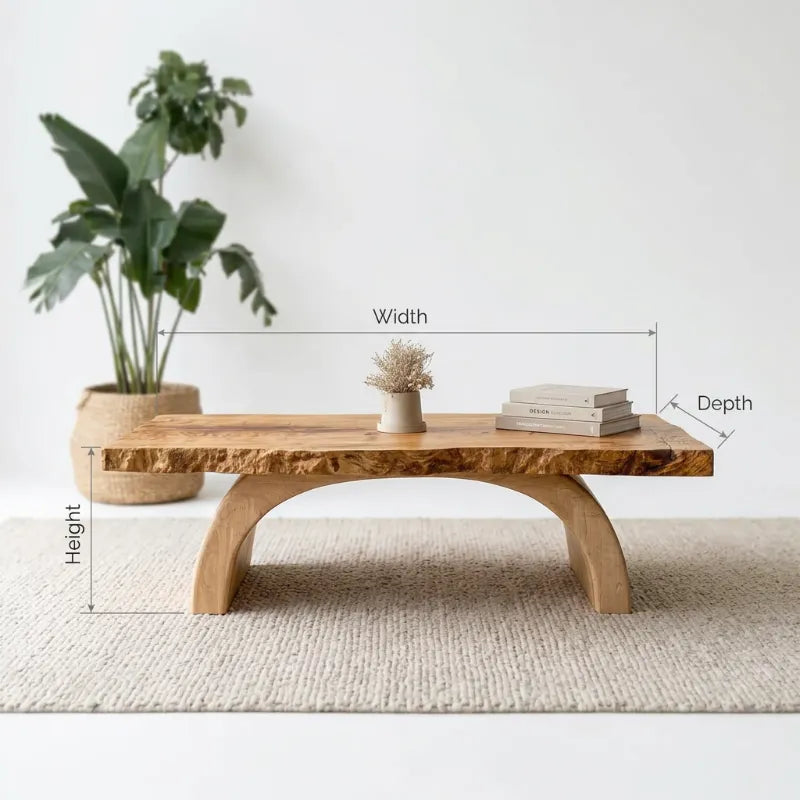 Organic Live Edge Solid Wood Coffee Table with Sculptural Arch Base