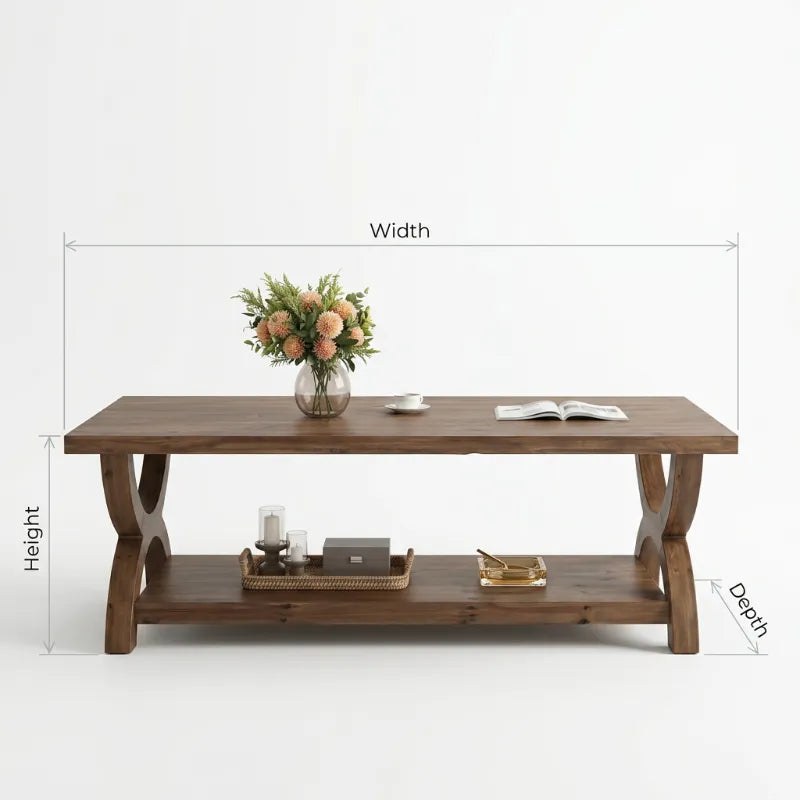 Organic Live Edge Solid Wood Coffee Table with Sculptural X-Base & Lower Shelf