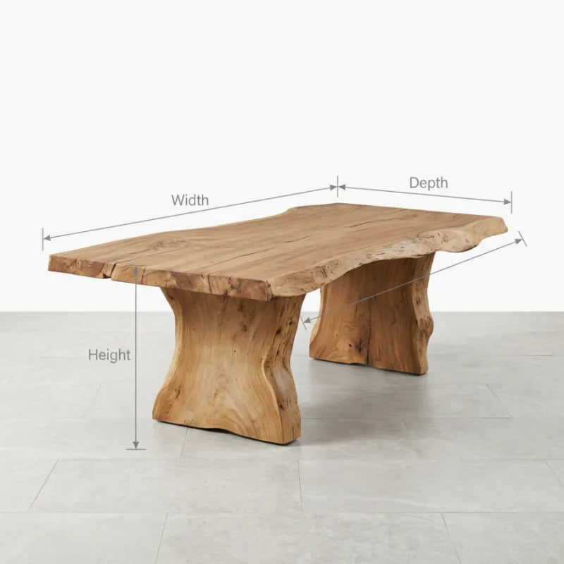 Organic Live Edge Solid Wood Dining Table with Sculptural Pedestal Base