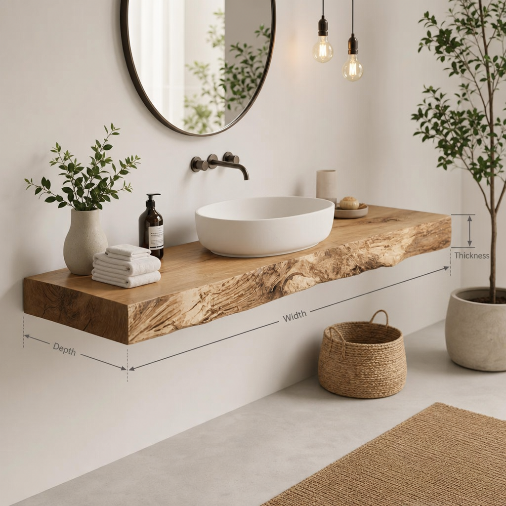 Organic Live Edge Solid Wood Floating Bathroom Vanity with Shelf