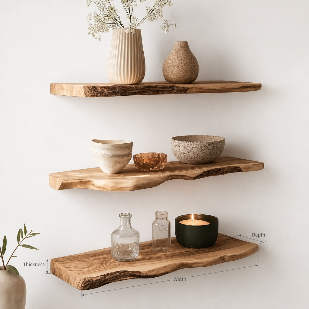 Organic Live Edge Solid Wood Floating Shelves