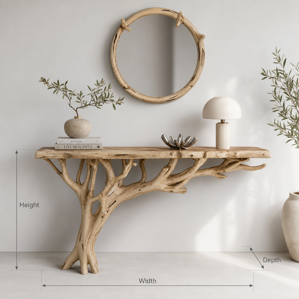 Organic Live Edge Tree Console Table – Rustic Solid Wood Hallway Console