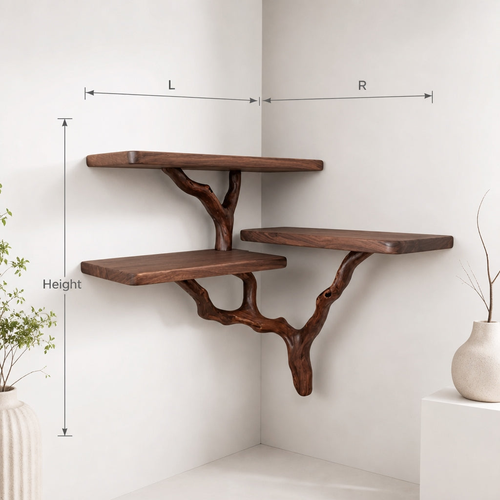 Organic Live Edge Wooden Corner Shelves with Branch Support – Rustic