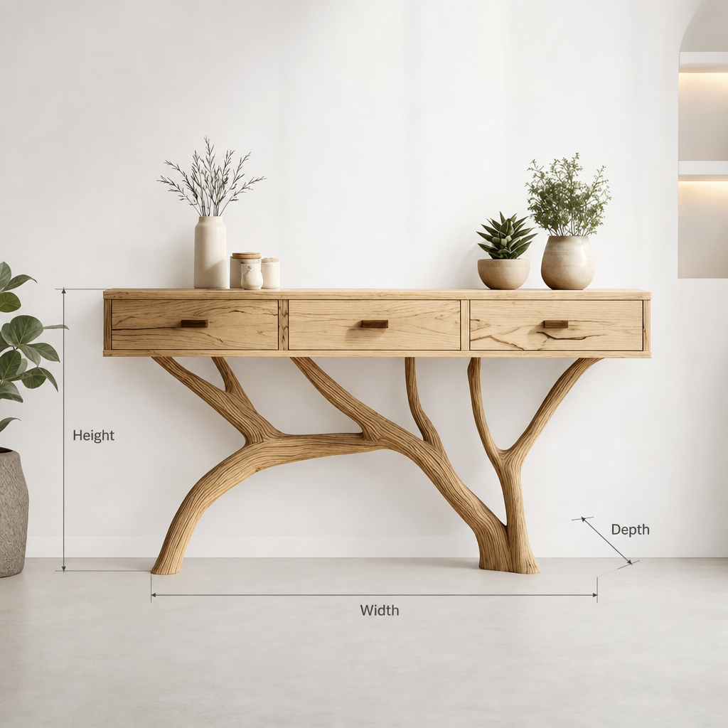 Organic Modern Console Table – Live Edge Style Wood Table with Tree Branch Base