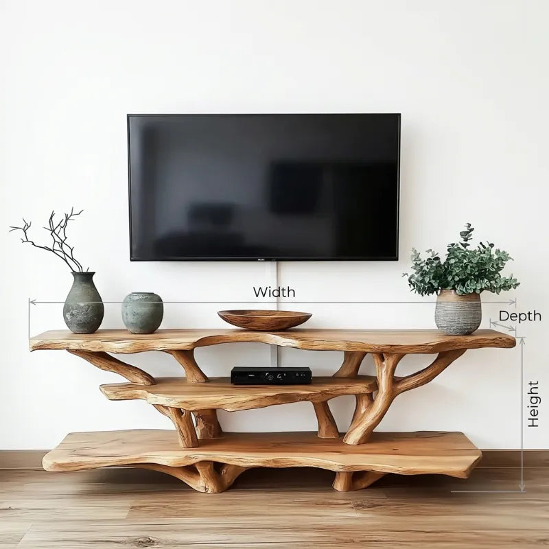 Organic Modern Tree Branch TV Console – Handcrafted Live Edge Entertainment Center