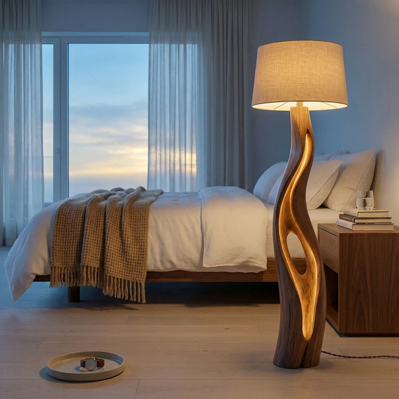 Organic sculpted wood floor lamp with inner glow in a modern bedroom setting