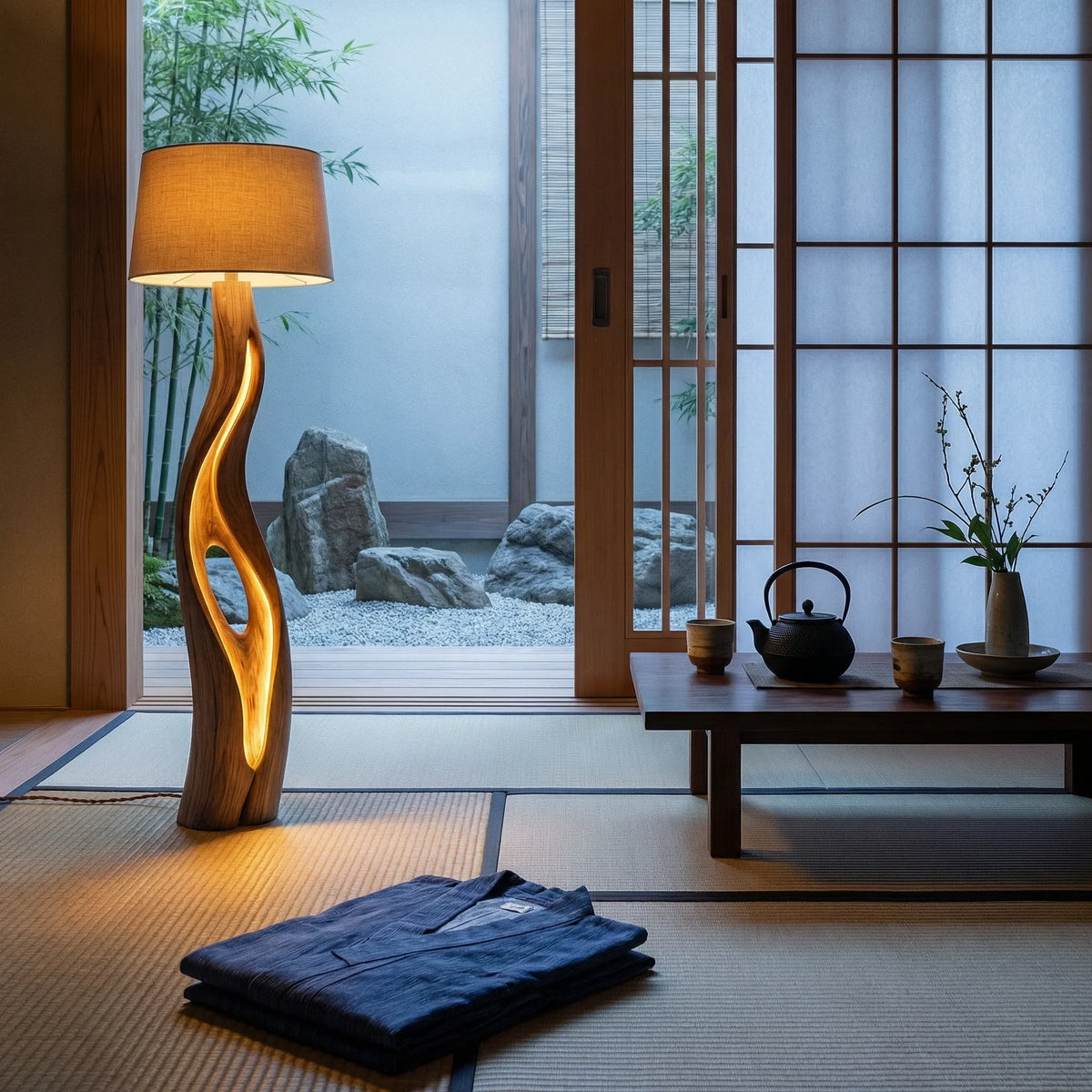 Sculpted organic wood floor lamp with warm glow in serene Japanese-style room