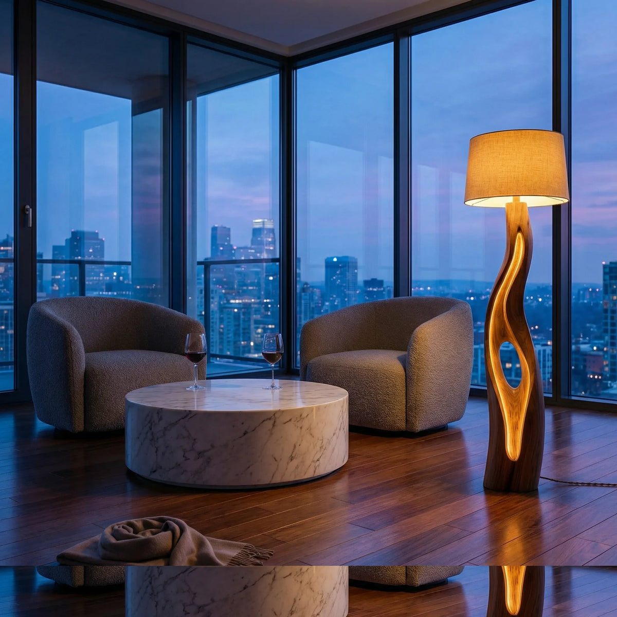 Teardrop Wooden Floor Lamp - Driftwood S-Curve Standing Light With LED Inner Glow