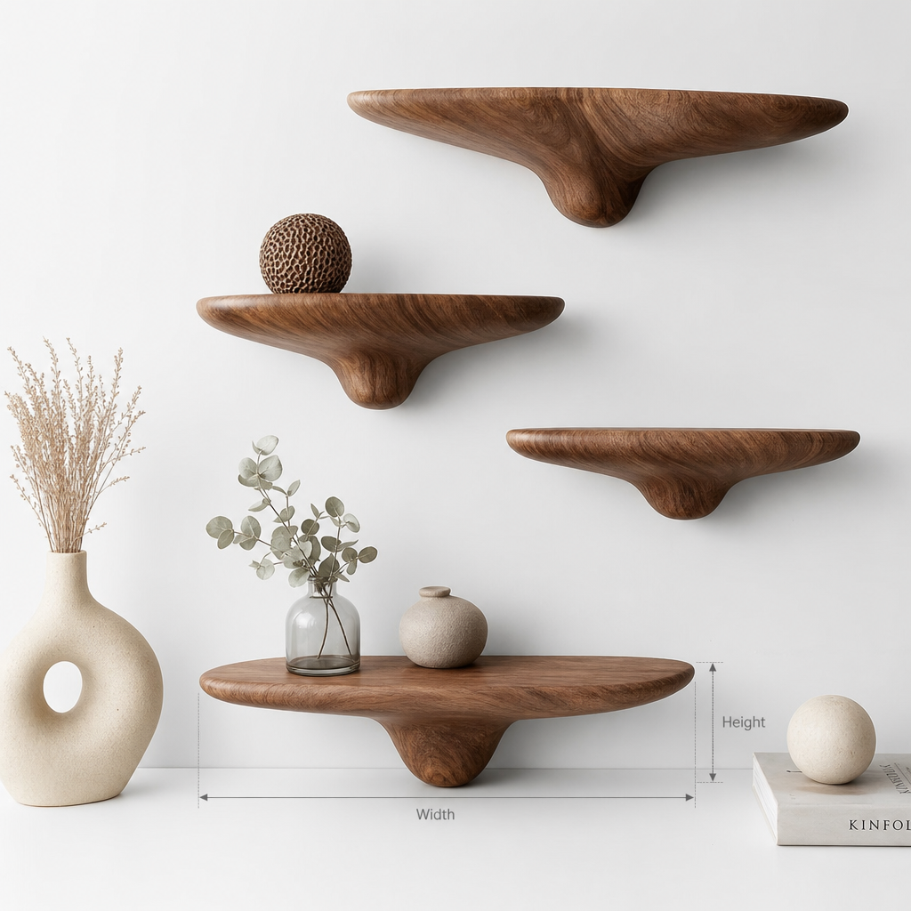 Organic Sculpted Wooden Floating Shelves – Handcrafted Modern Wall Art Storage