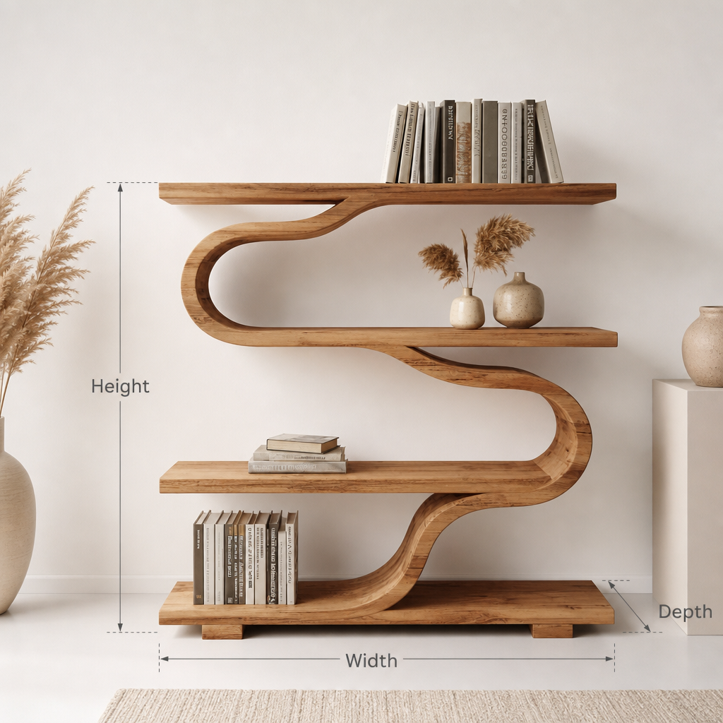 Organic Sculptural Wood Bookshelf With Curved Form For Living Room Or Office