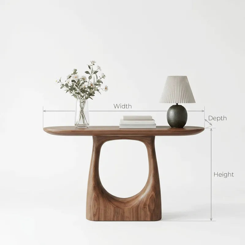 Organic Solid Wood Console Table with Sculptural Oval Cutout Base