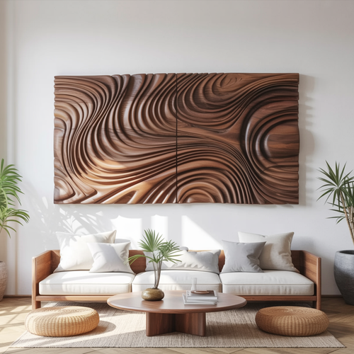 Organic Solid Wood Sculptural Flowing Waves Wall Panel