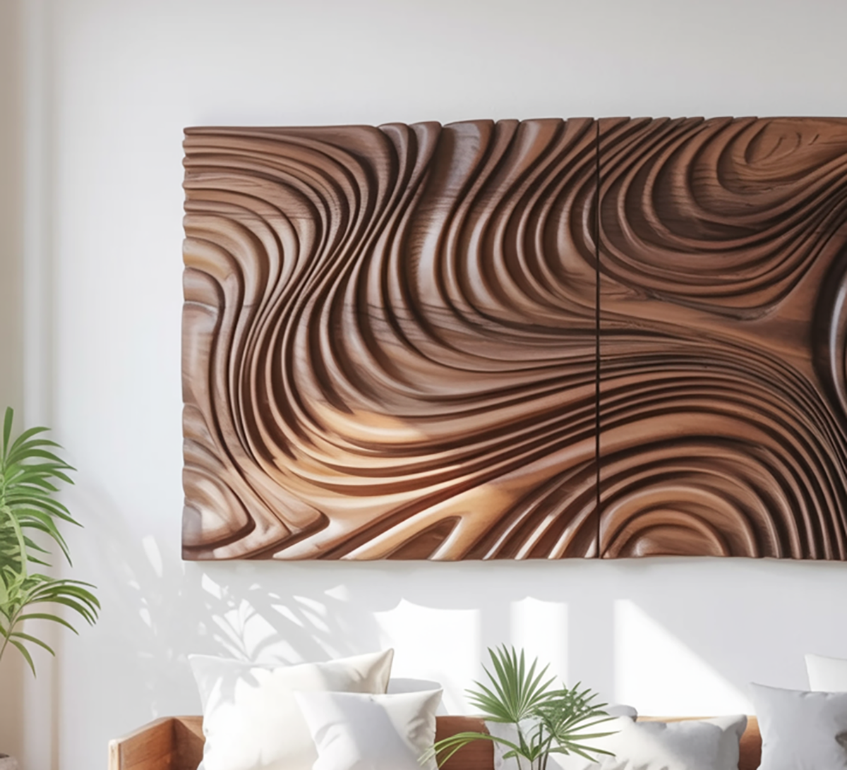 Sculptural wooden wall art with curved organic design