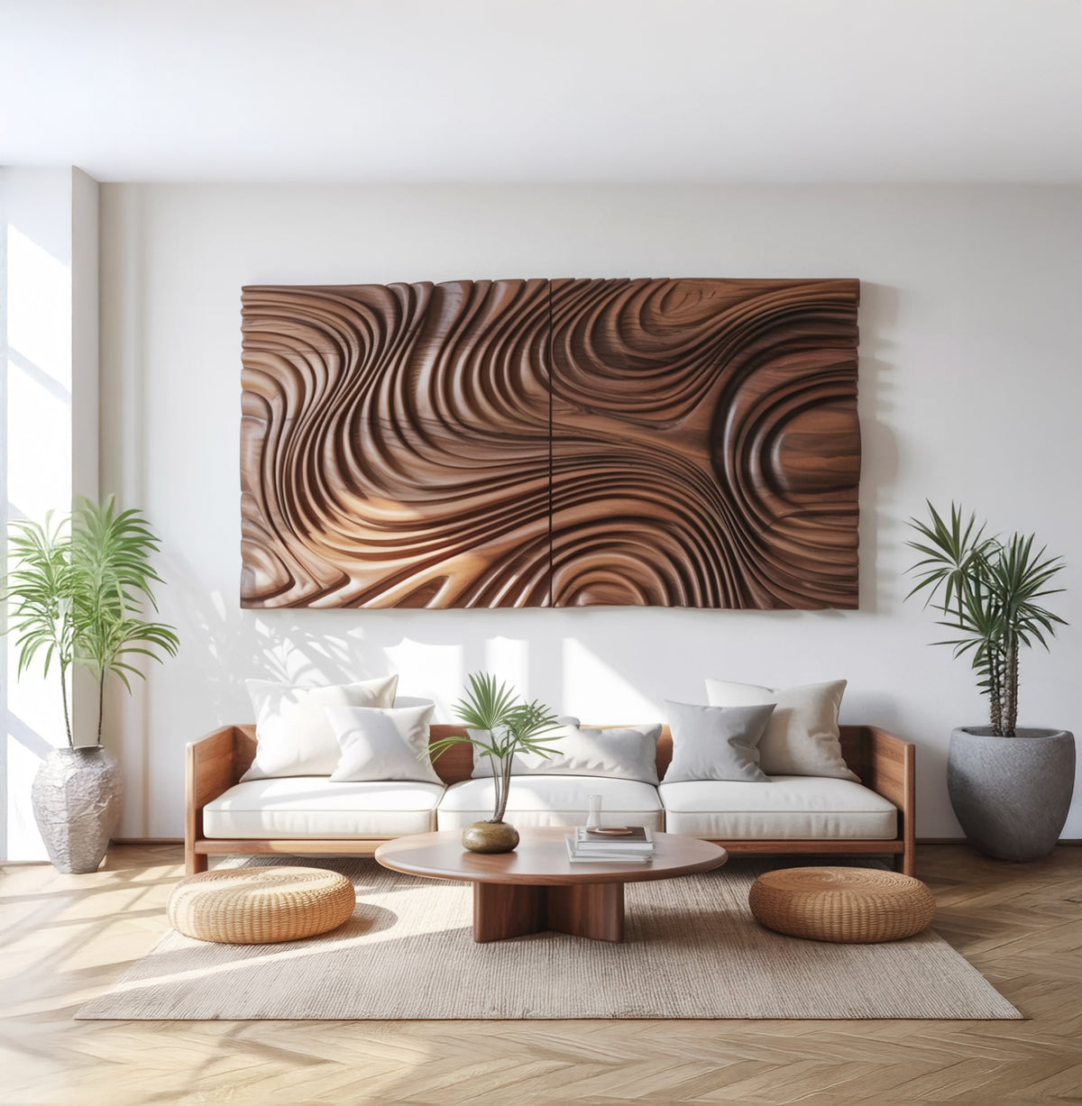 Organic solid wood wall panel with flowing wave sculpture