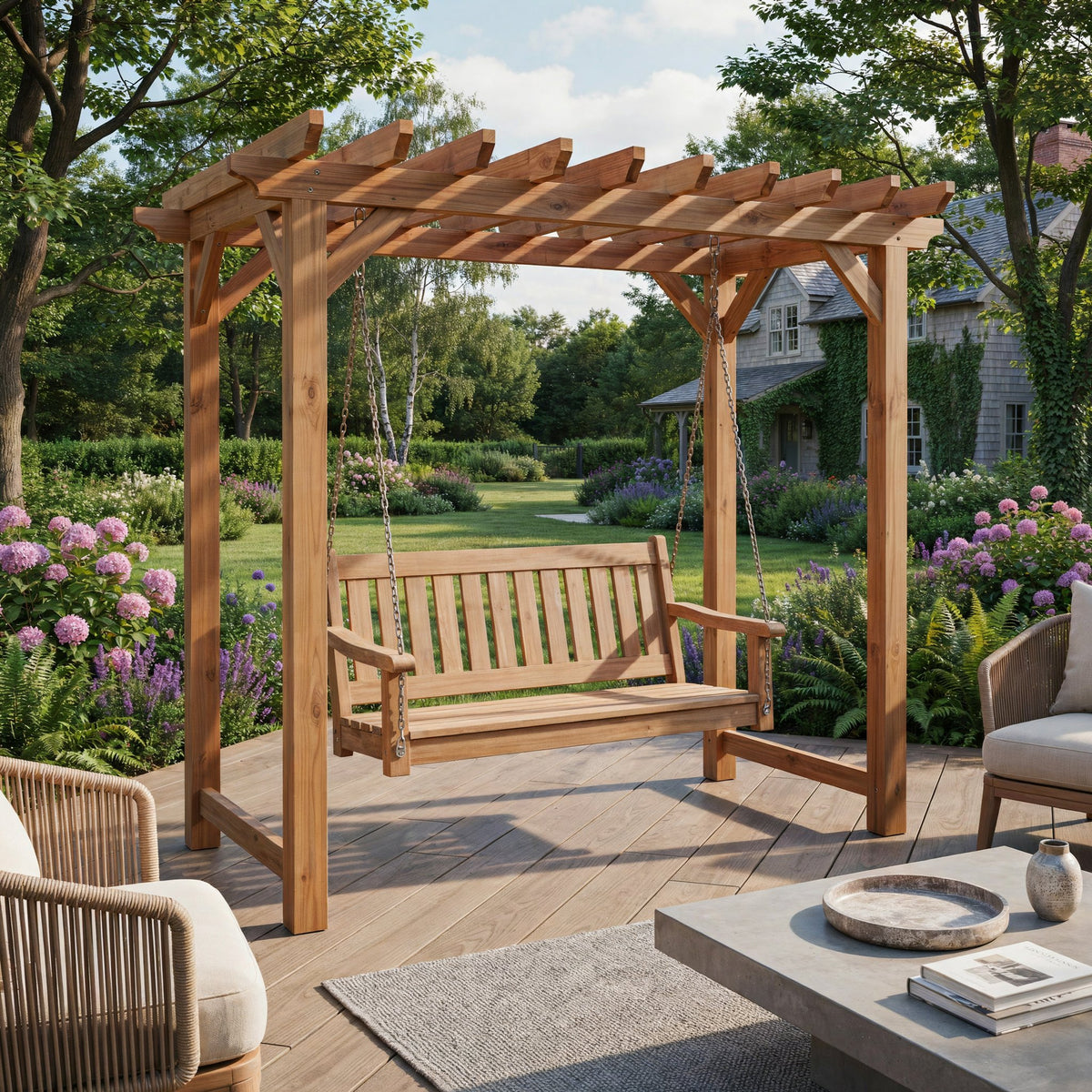 Outdoor solid wood pergola arbor swing bench with trellis canopy
